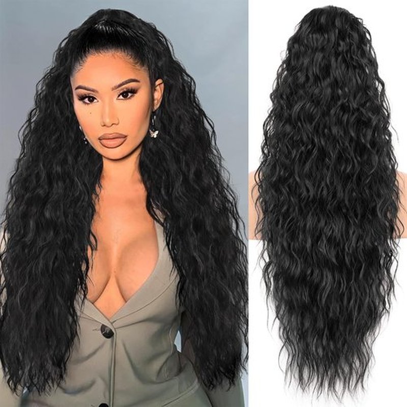 KooKaStyle Ponytail Extensions, 30" Drawstring Ponytail Clip in Long Wavy Ponytail Synthetic Curly Hairpieces for Women and Girls (30 Inch, Black)