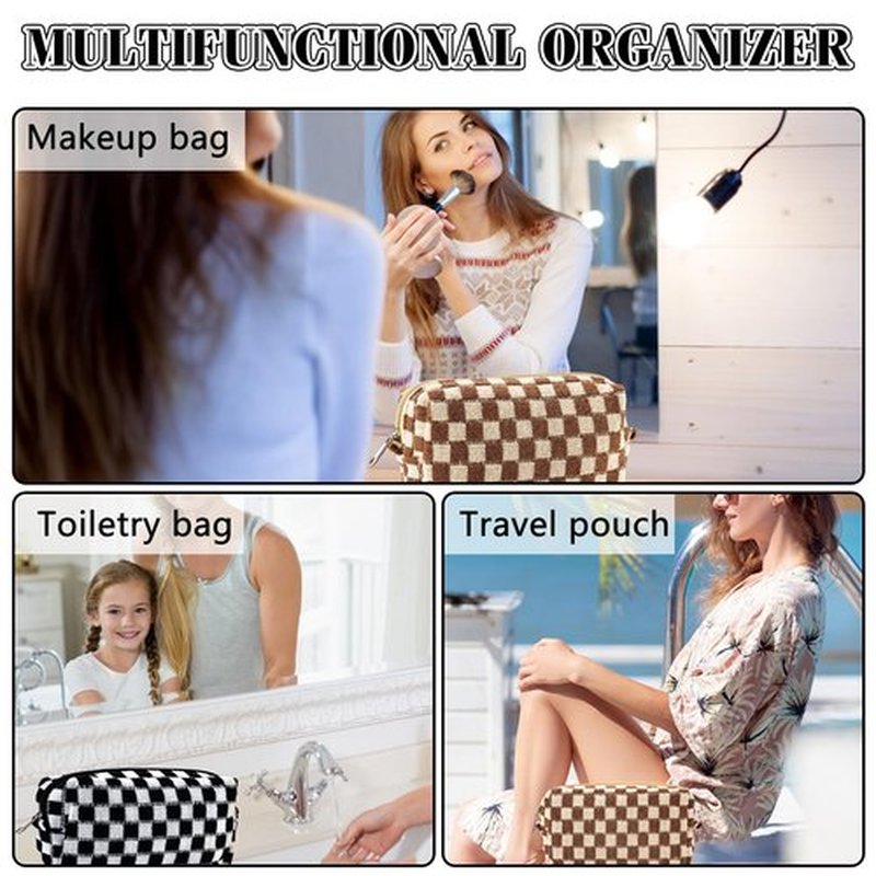 ZLFSRQ 2Pcs Checkered Makeup Bag for Women Medium Travel Cosmetic Bag Makeup Pouch for Purse Zipper Toiletry Bag Organizer Cute Y2K Aesthetic Trendy Adults Makeup Brushes Storage Case(Black/Brown)