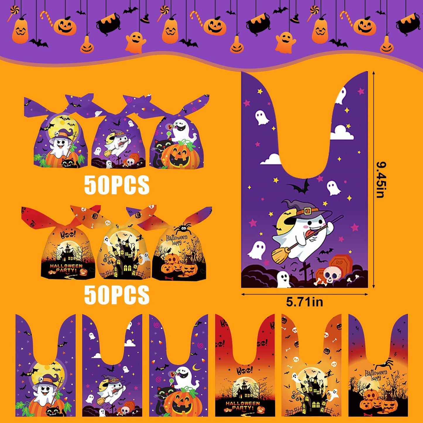 SAILYLENCEY]100-Pack Halloween Candy Bags, Halloween Treat Bags, 6 Patterns, 2 Colors (Purple/Orange) for Party Favors
