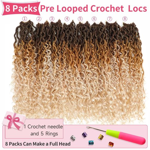 Alicoco Goddess Locs Crochet Hair 14 Inch 8 Packs Faux Locs Crochet Hair For Women Boho Soft Locs Pre-looped River Crochet Locs With Curly Ends (14 Inch (Pack of 8), 4/27/613)