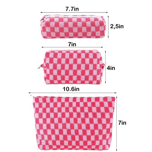 ZLFSRQ 3Pcs Checkered Makeup Bag for Women Large Cosmetic Bag Set Travel Toiletry Bag Makeup Pouch Bag for Purse Pink Zipper Storage Bag Organizer Cute Small Aesthetic Girls Car Essentials Bag