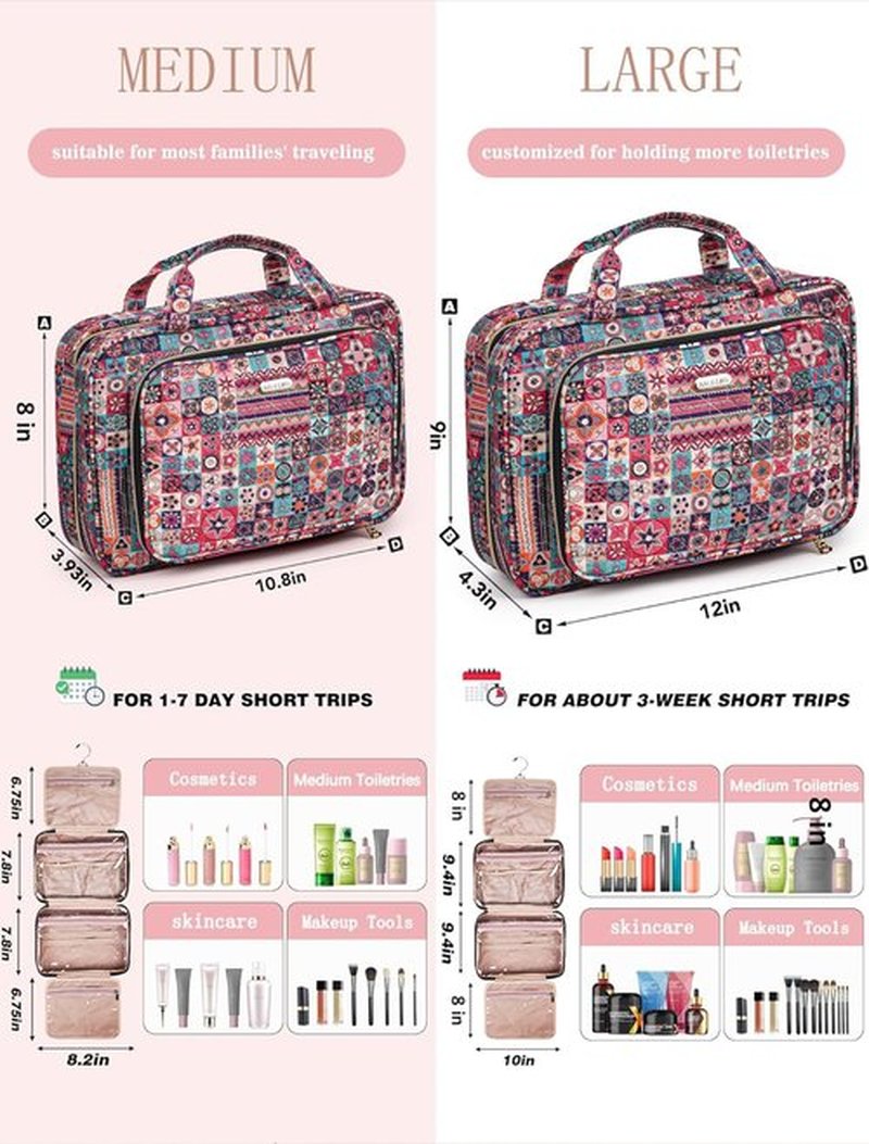 BALULHG Toiletry Bag Travel with Hanging Hook, Water-resistant Cosmetic Makeup Bag Organizer for Shampoo, Full Sized Container, Toiletries，Bohemia-L