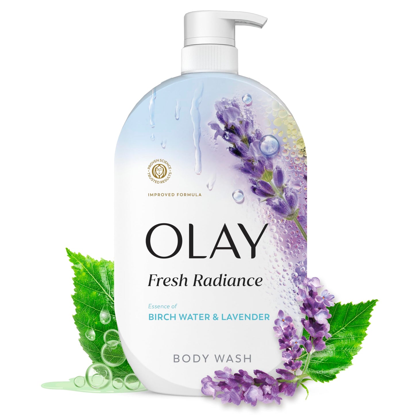 Olay Body Wash for Women, Fresh Radiance, 24/7 Skin-Loving Freshness, Visibly Radiant, Plant Based Cleansers, Vitamin B3 & Antioxidant Blend, For All Skin Types, Birch Water & Lavender Scent, 35 fl oz