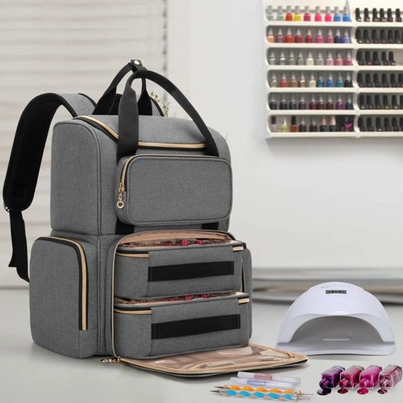 LUXJA Nail Polish Organizer (Backpack Version) Holds 70 Bottles and a Nail Lamp, Travel Nail Polish Bag with 2 Removable Cases and Tools Storage Pockets (Patent Pending), Gray