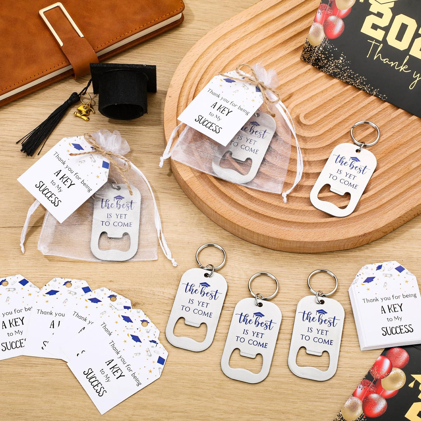 Vesici 30 Sets 2026 Graduation Party Favors for Guests Beer Bottle Opener Keychains Bulk Class of 2026 The Best is Yet to Come Keychains with Thank You Cards Organza Bags Ceremony Gifts (Blue)
