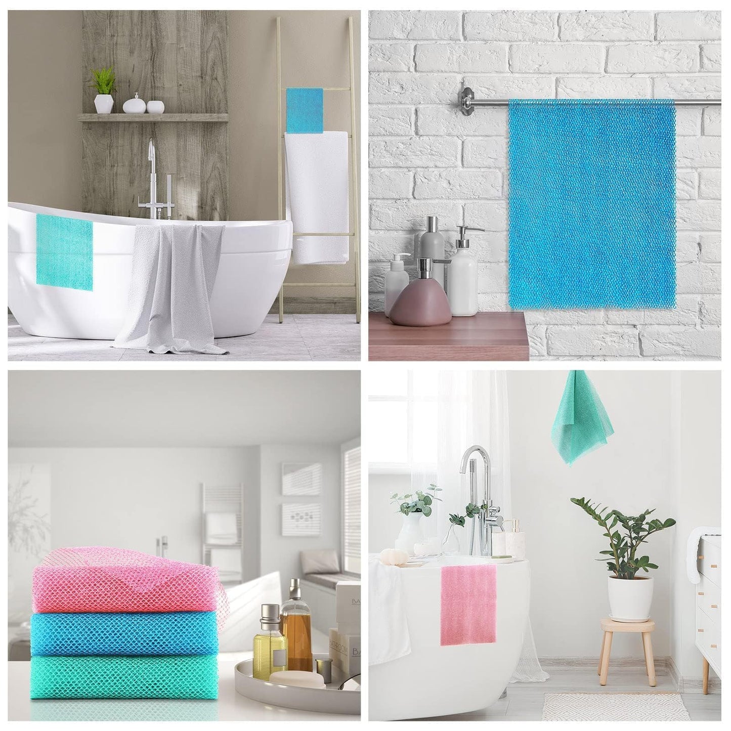 UJFQBH 3 Pieces African exfoliating net African Net Long Net Bath Sponge Exfoliating Shower Body Scrubber Back Scrubber Skin Smoother,Great for Daily Use (Pink, Blue, Green)