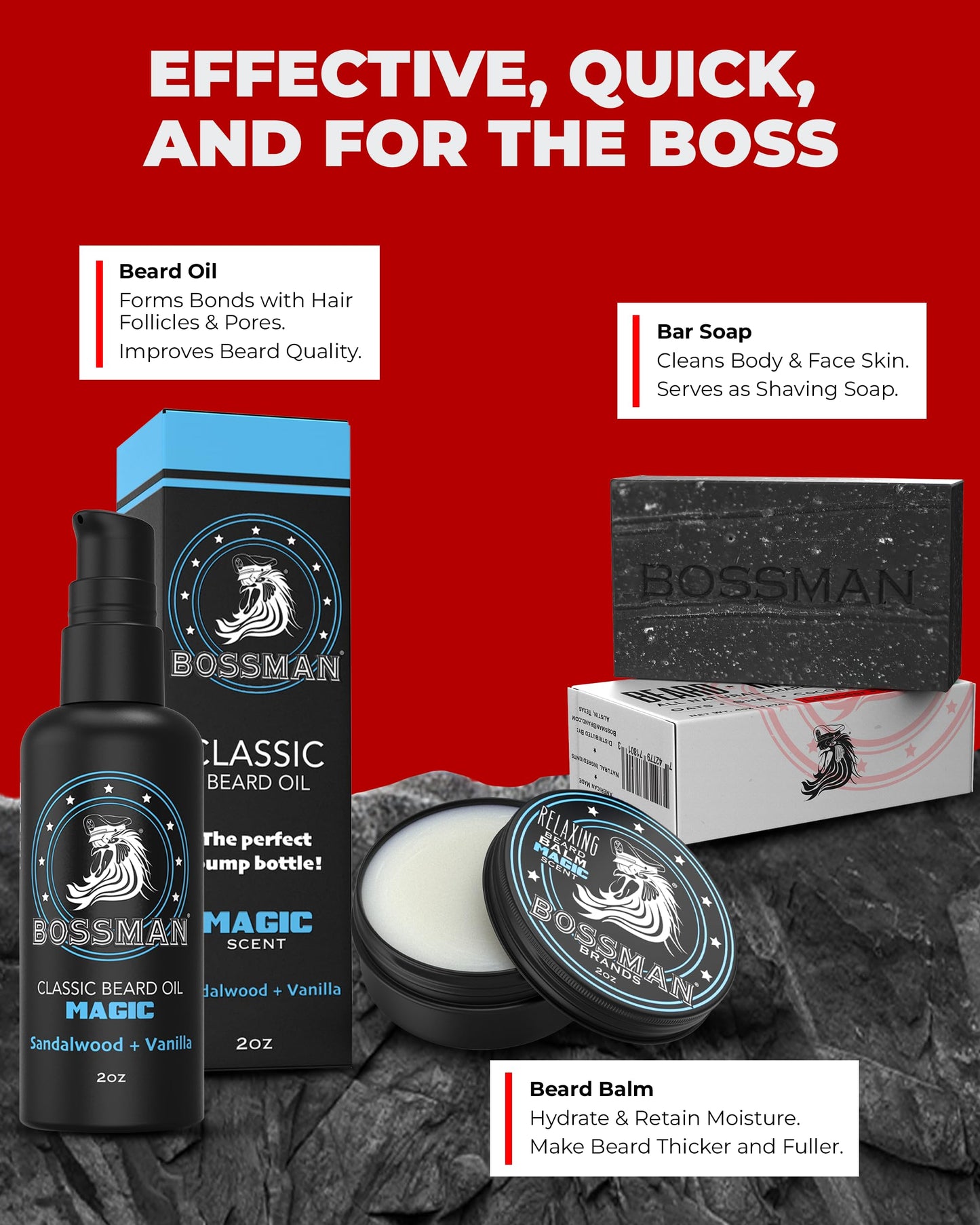 Bossman Starter Beard Kit for Men, Beard Oil (2 oz), Beard Balm & Bar Soap – Natural & Organic Grooming Kit – Made in the USA Men Gift Set (Magic Scent)