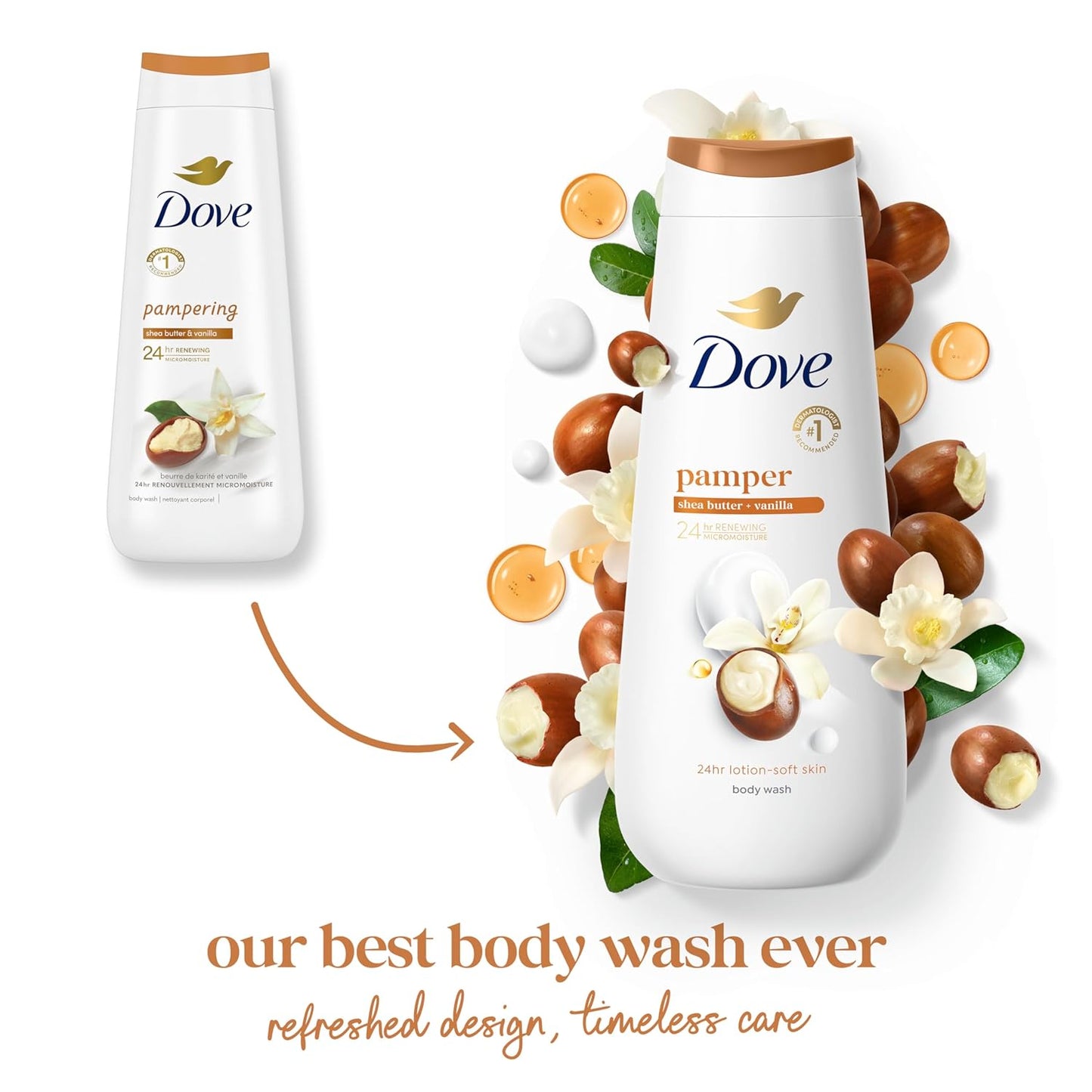 Dove Pampering Body Wash Nourishes & Feeds Skin Shea Butter with Warm Vanilla Effectively Washes Away Bacteria While Nourishing Your Skin 44.0 Fl Oz, (Pack of 2)