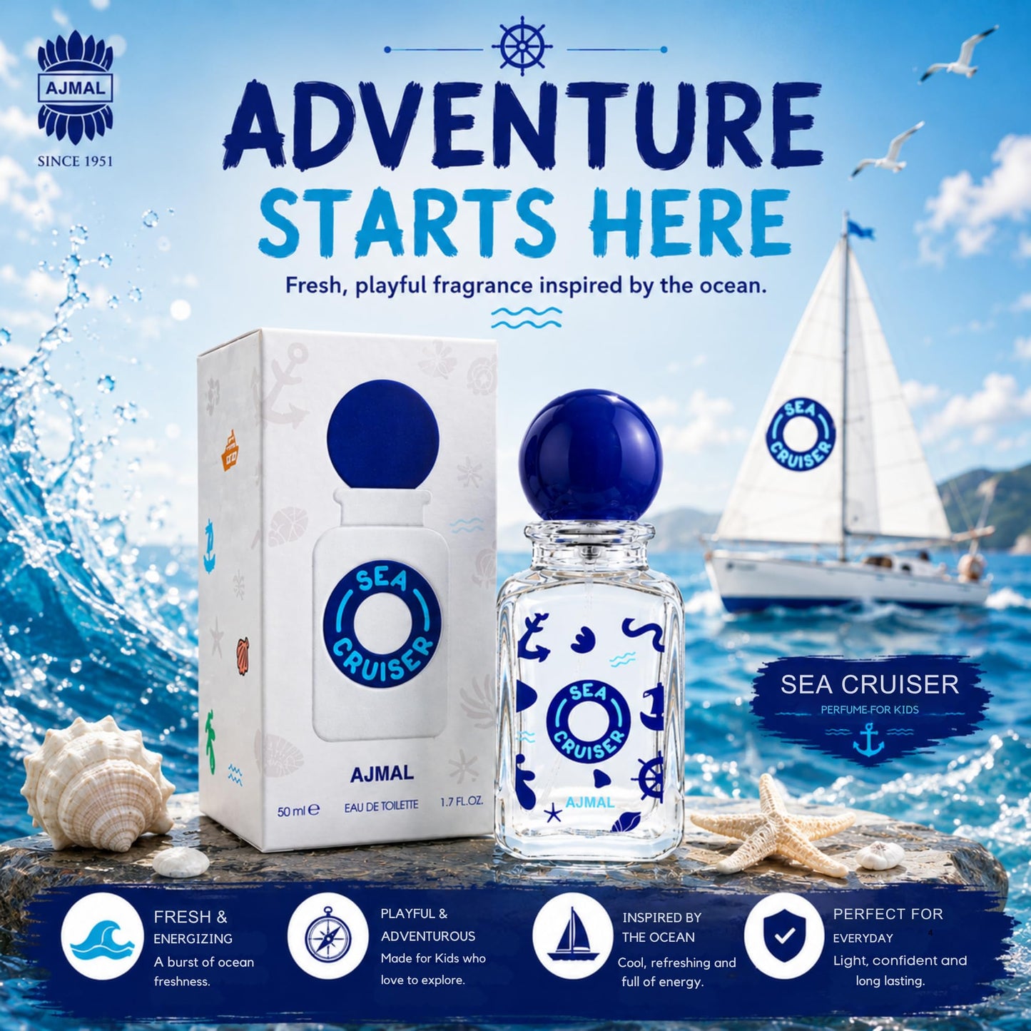 Ajmal SeaCruiser Perfume for Boys, 1.7 fl oz / 50 ml, Fresh Spicy Woody Fragrance with Lemon & Black Pepper, Everyday Kids Perfume, Made in Dubai