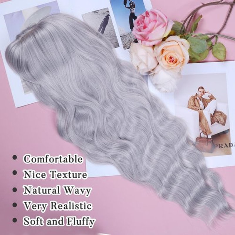 NAYOO Gray Wigs with Bangs for Women Long Curly Wavy Hair Wigs Heat Resistant Synthetic Fiber Wigs for Daily Party Use 26 Inches (Silver Gray)
