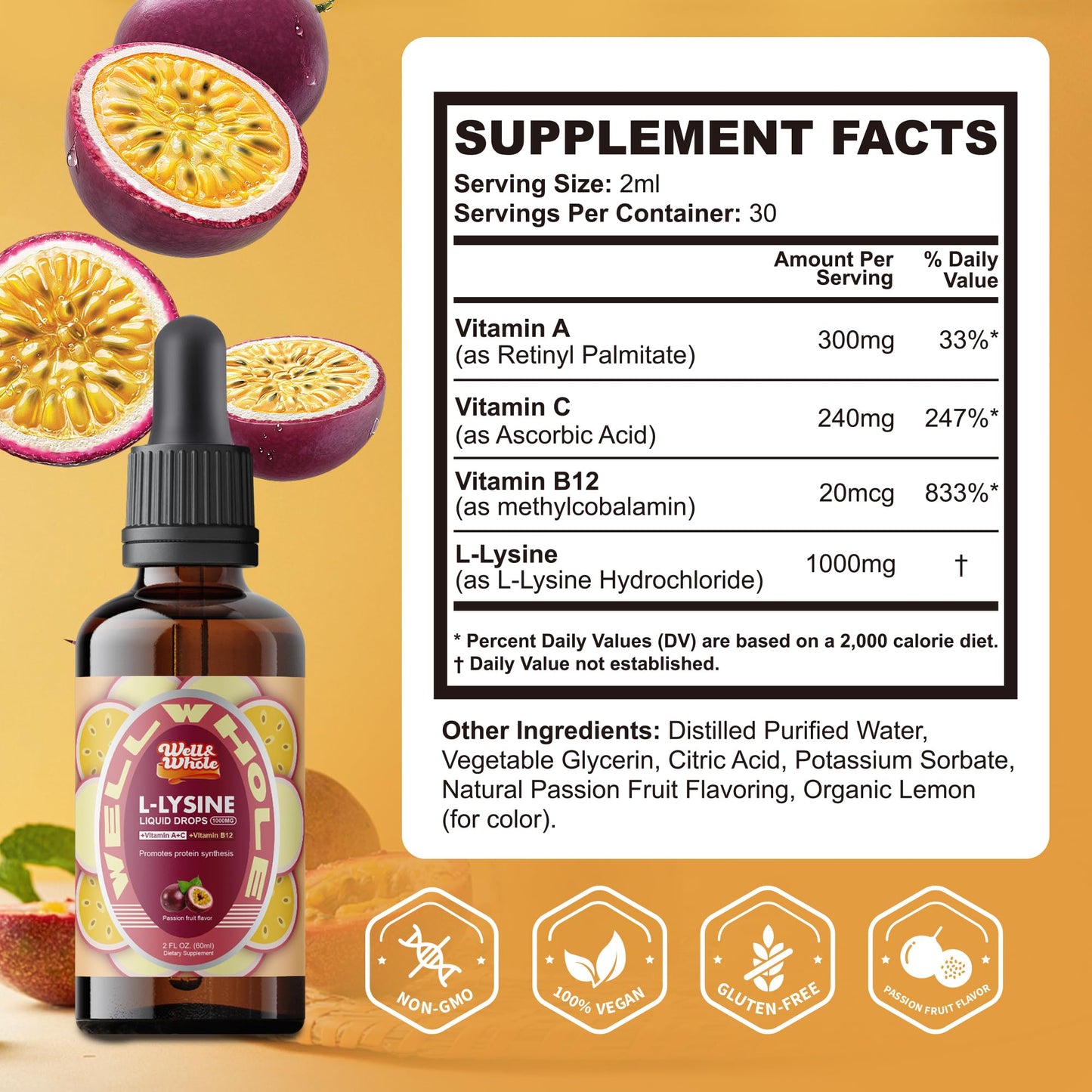 L-Lysine Supplement Liquid Drops | L-Lysine 1000mg Tincture with Vitamin A, C, and B12 for Adults & Kids | Immune Support, Skin & Lips Health, Collagen Synthesis | Non-GMO, Vegan, 2 Fl Oz (60 ML)