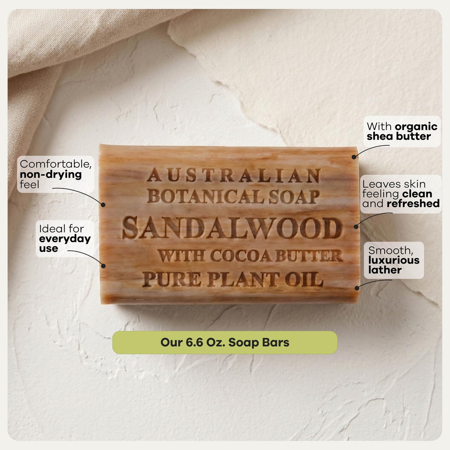 Australian Botanical Soap, Sandalwood and Cocoa Butter, 6.6 OZ, Triple Milled Bars Made with a Natural Soap Base and Enriched with Organic Shea Butter, Pack of 8