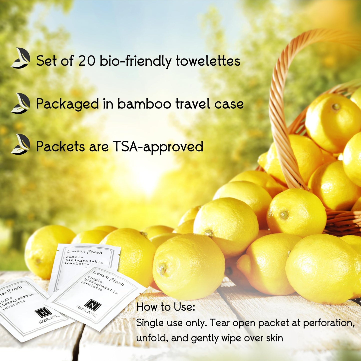 Nabila K Lemon Fresh Moist Towelettes - 20 Individually Wrapped Single-Use Wipes with Bamboo Gift Case - Alcohol-Free, Plant-Based, Biodegradable - Travel, Guest Bathroom, Spa, Events