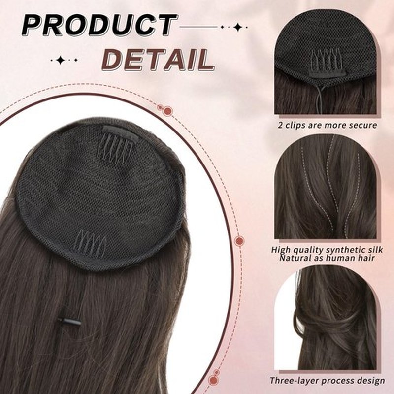CHRSHN Ponytail Extension, Drawstring Ponytail Extension for Women 26 Inch Long Dark Brown Wavy Layered Pony Tails Hair Extensions Synthetic Clip in Ponytail Hairpiece for Women
