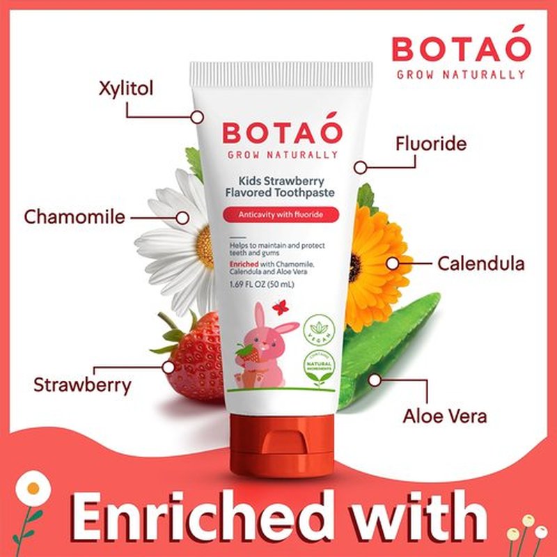 BOTAO Kids Toothpaste | Natural Strawberry Flavored Anticavity Fluoride Toothpaste Maximum Cavity Protection| EWG Verified, Vegan, SLS Free, Safe to Swallow, Aloe Vera (2Pack)
