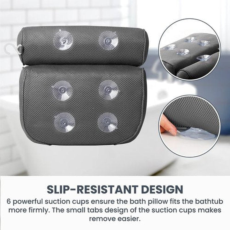LuxStep Bath Pillow Bathtub Pillow with 6 Non-Slip Suction Cups for Head,Neck and Back Support, Extra Thick and Soft Air Mesh Spa Pillow for Bath - Fits All Bathtub, 15.35x14.56 Inch,Grey