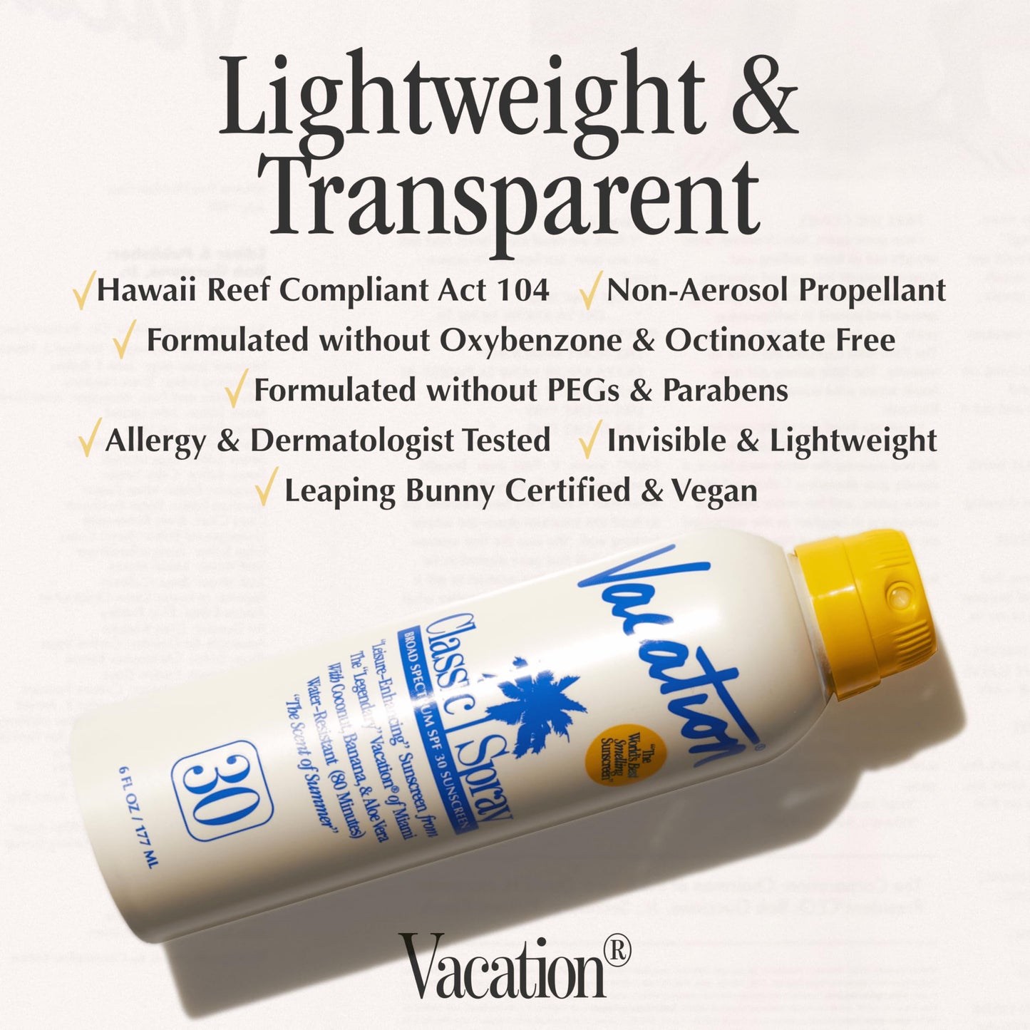 Vacation Classic SPF 30 Sunscreen Spray, 6 Fluid Ounces, Pack of 3 - Broad Spectrum, Lightweight, Transparent on All Skin Tones, Water-Resistant, Vegan, Dermatologist-Tested