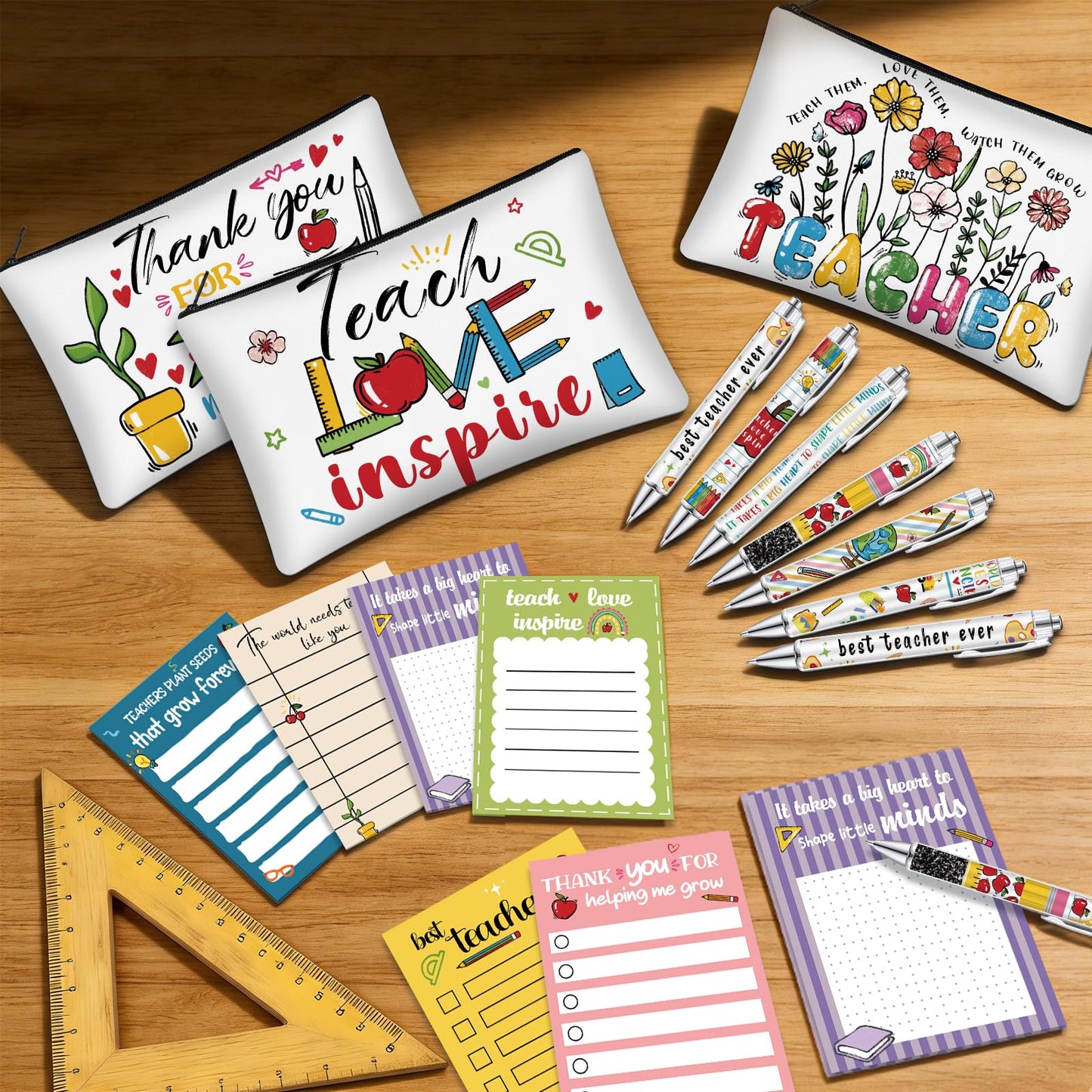 KOPOOEOE 36 Pcs Teacher Makeup Bags Appreciation Gifts Cosmetic Bags Funny Sticky Notes Teacher Pens Self-Stick Notes Thank You Gifts for School Coworker Employee Office Supplies