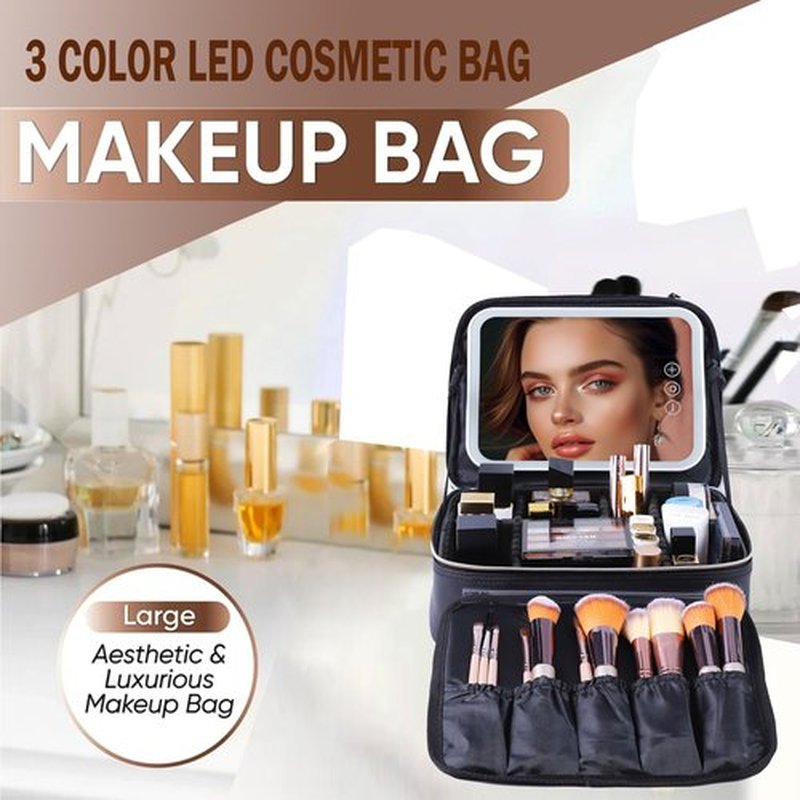 Makeup Travel Train Case with Mirror, LED Light, 3 Adjustable Brightness Levels, Cosmetic Bag with Handle, Portable Storage, Adjustable Partition, Waterproof, Monogrammed Gift Makeup Bag for Women