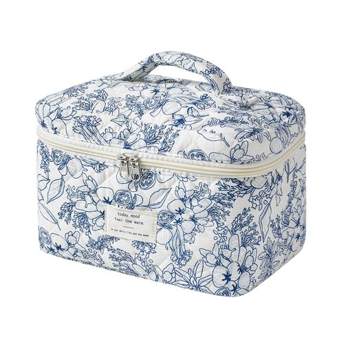 uekeboag Large Travel Quilted Makeup Bag for Women, Floral Cotton Cosmetic Bag, Coquette Aesthetic Floral Toiletry Organizer Bag(Navyblue-Flower