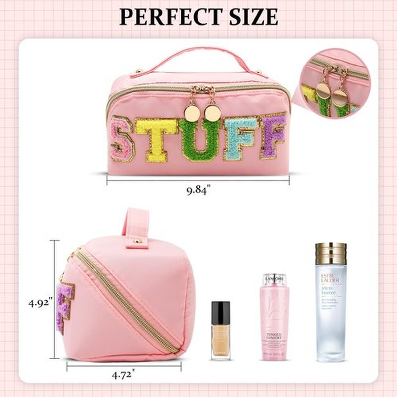 LONEDREAM Stoney Clover Preppy Makeup Bag, Large Capacity Travel Cosmetic Bag, Chenille Letter Open Flat Nylon Stuff Makeup Bag, Preppy Patch Better Belt Everything Makeup Bag, Pink