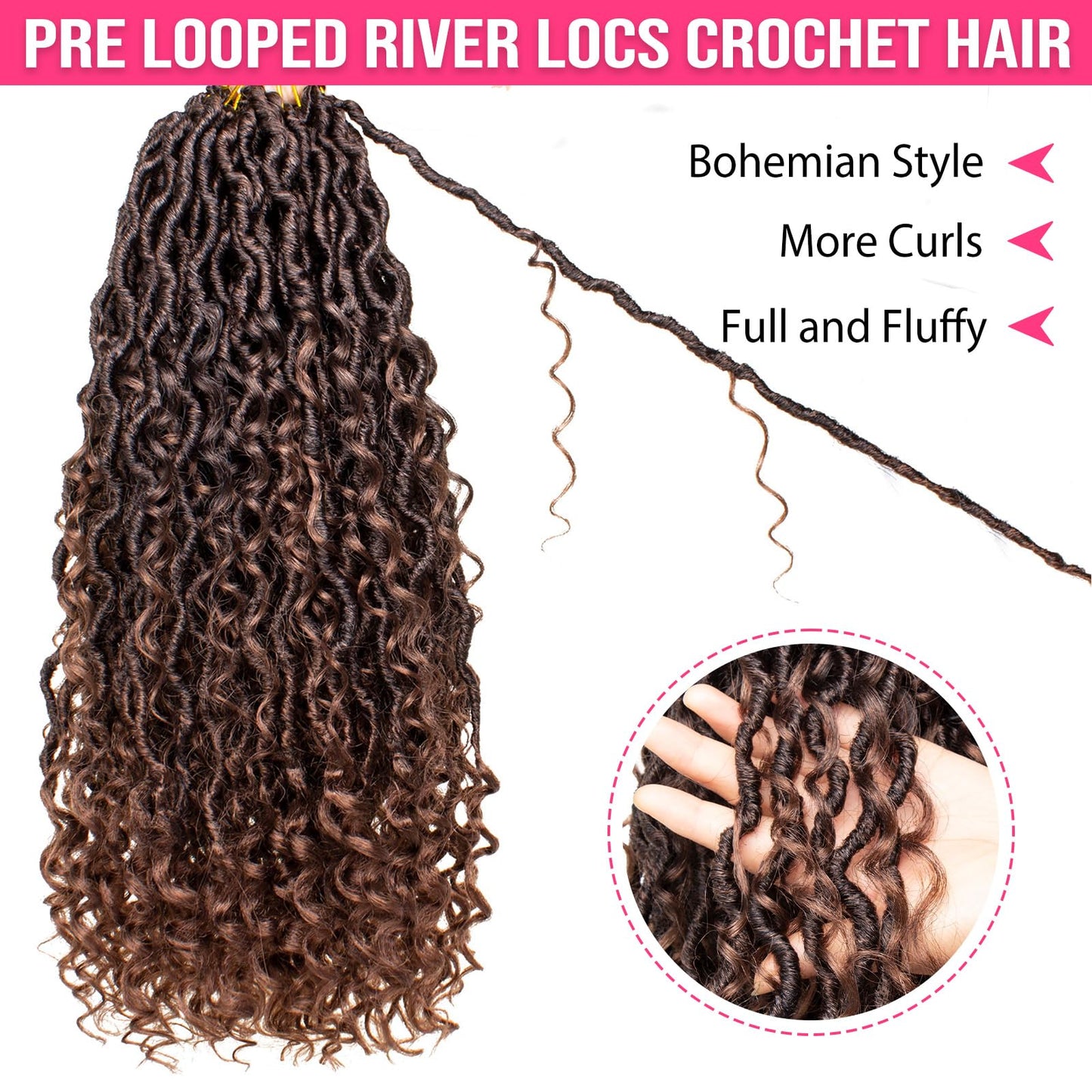 RuiYok Goddess Locs Crochet Hair 12 Inch 8Packs Ombre Faux Locs Crochet Hair with Curly Ends Pre-looped River Locs Crochet Hair Boho Hippie Locs Synthetic Hair Extensions(#T30)