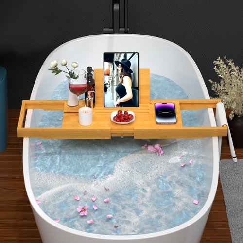 Premium Bathtub Caddy Tray,Expandable Bamboo Bath Tray for Tub,Foldable Minimalist Bathroom Accessories with Book Stand for Home Spa Relaxing,Unique House Warming Gifts,Natural