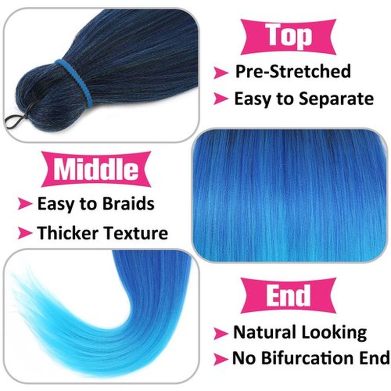 Unionbeauty Pre Stretched Braiding Hair 26 Inch Ombre Blue Braiding Hair 2 Packs EZ Braids Yaki Texture for Box Braids Hot Water Setting Crochet Braid Hair Extensions Synthetic Braiding Hair