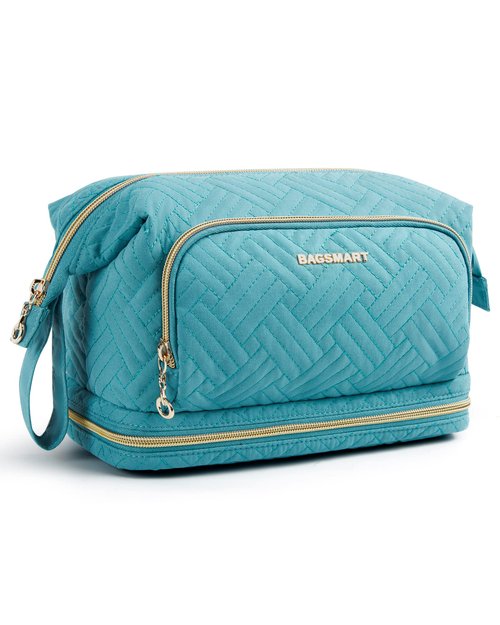 BAGSMART Travel Makeup Bag, Cosmetic Bag Make Up Organizer Case, Large Wide-open Pouch for Women Double Layers Purse for Toiletries Accessories Brushes Teal