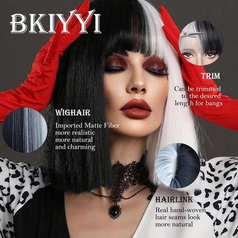 Black and White Wig Bob Wig with Bangs Short White and Black Straight Wig for Women Heat Resistant Synthetic Wig Cruella Deville Wig for Grils Daily Party Halloween Cosplay Use 13inch