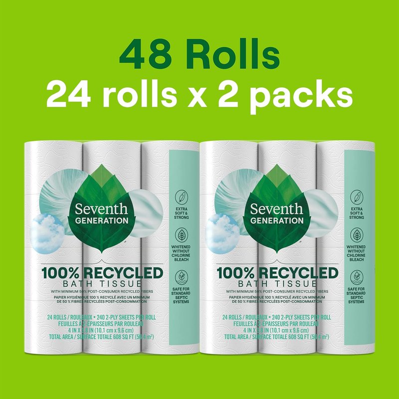 Seventh Generation Toilet Paper - 100% Recycled 2-Ply Bath Tissue | Extra Soft, Chlorine-Free, 12 Rolls