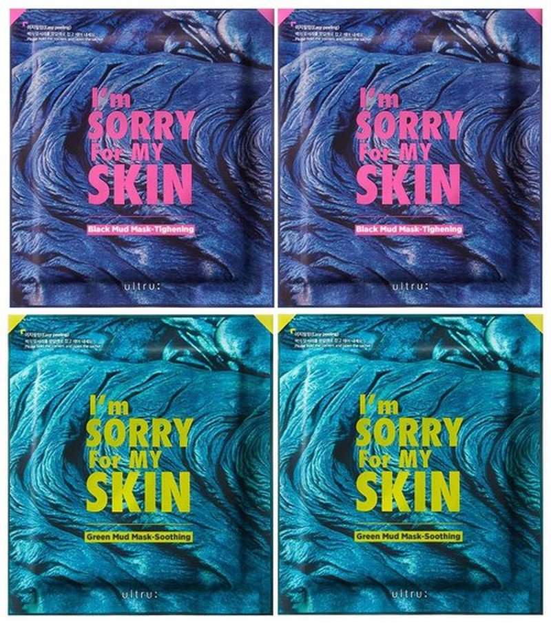I'M SORRY FOR MY SKIN Bentonite Clay Mud Sheet Masks Set, Korean Skin Care, Exfoliating Face Masks with Volcanic Ash, Sebum Control, Pore Minimizer, Tightening, Soothing (Black 2pcs & Green 2pcs)