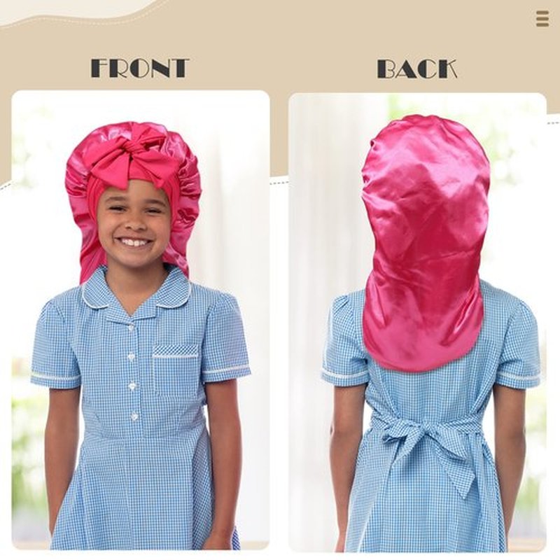 Kids Long Hair Bonnet for Sleeping - Double Layer Girls Elastic Satin Bonnet with Tie Band for Braid Curly Hair (Hot pink)