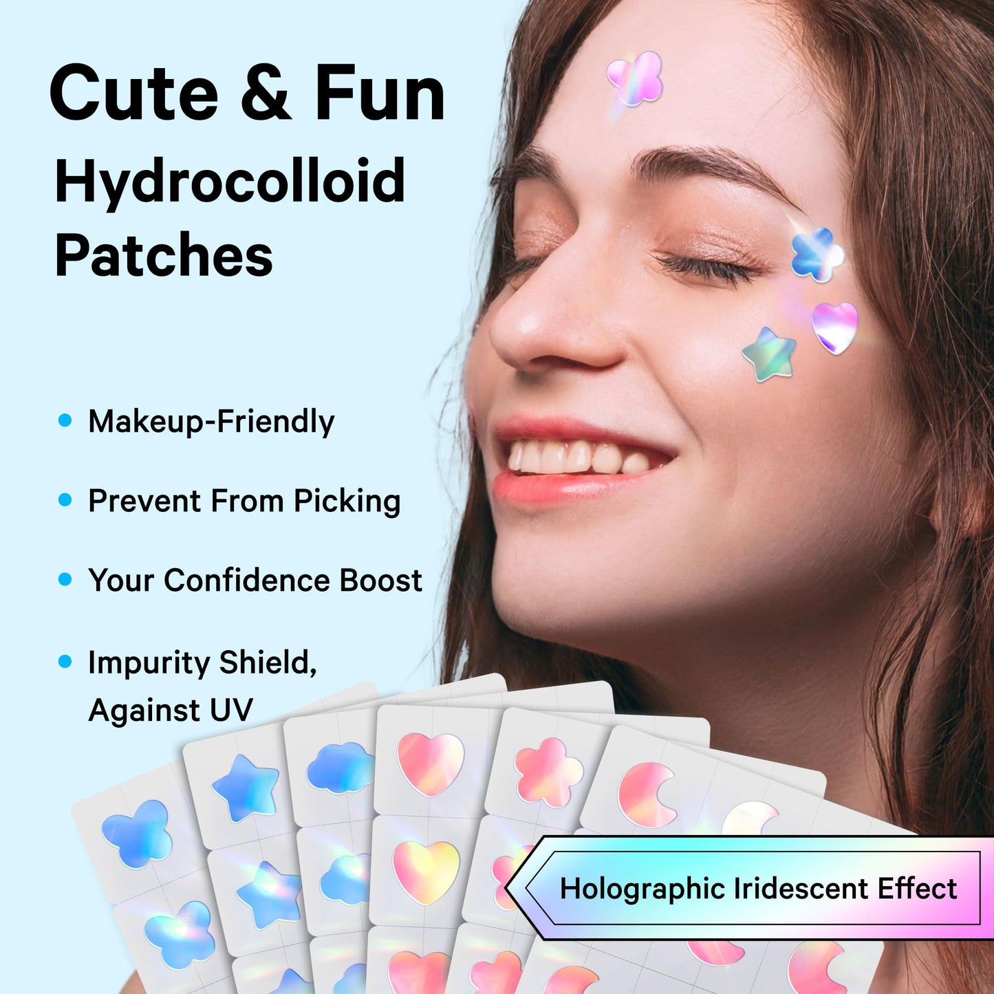 Sosky Hologram Pimple Patches for Face, Hydrocolloid Acne Patches with Salicylic Acid, Cute Star Zit Stickers,Colorful Blemish Covers,48 Count Blue Cloud Butterfly