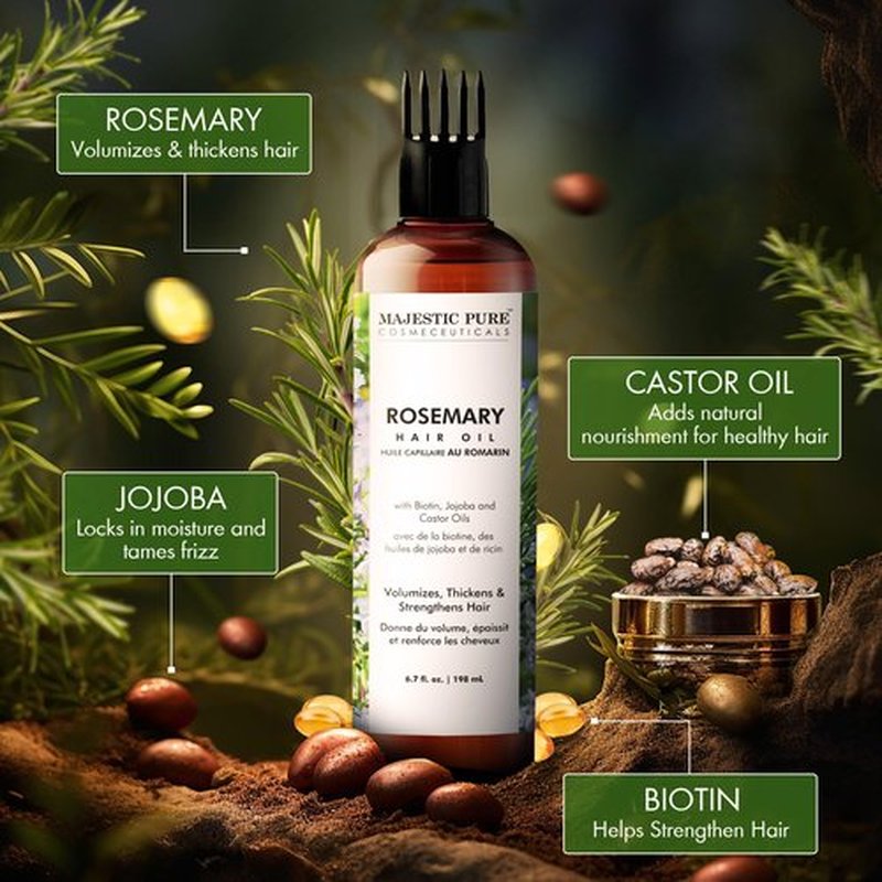 Majestic Pure 100% Pure Rosemary Hair Oil with Vitamin E for Hair Care, Strengthening, Nourishing, and Volumizing Formula with Vitamin E & Argan Oil - Non GMO Verified, 6.7 Fl Oz