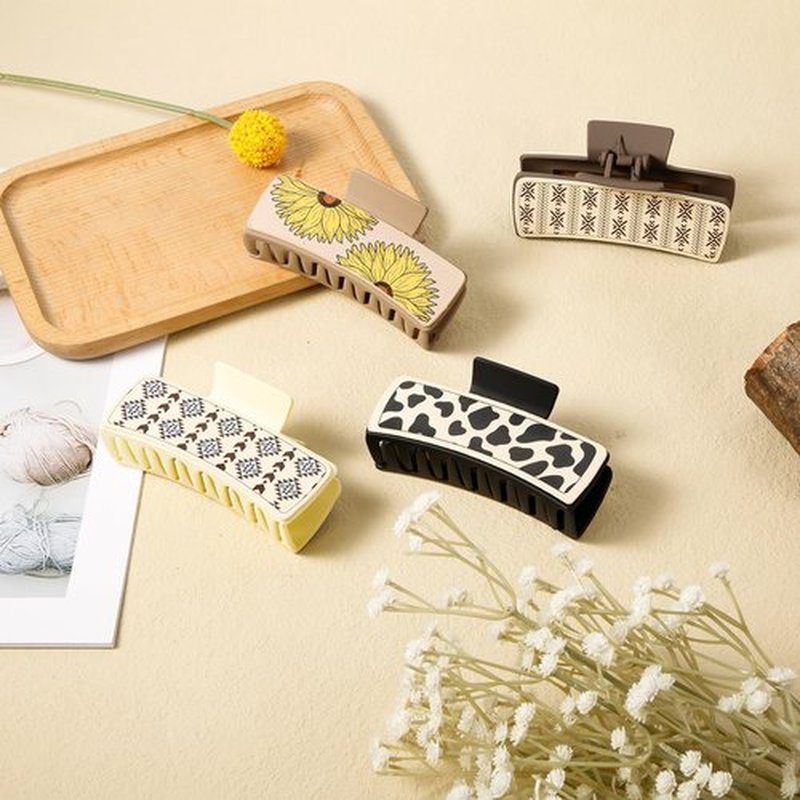 4 Pcs Western Hair Clips for Women, Yellow Chrysanthemum, Cow Print, Square Claw Clips, Vintage Print Western Claw Clips, Country Stuff Headdress Gifts for Women Girls (C)