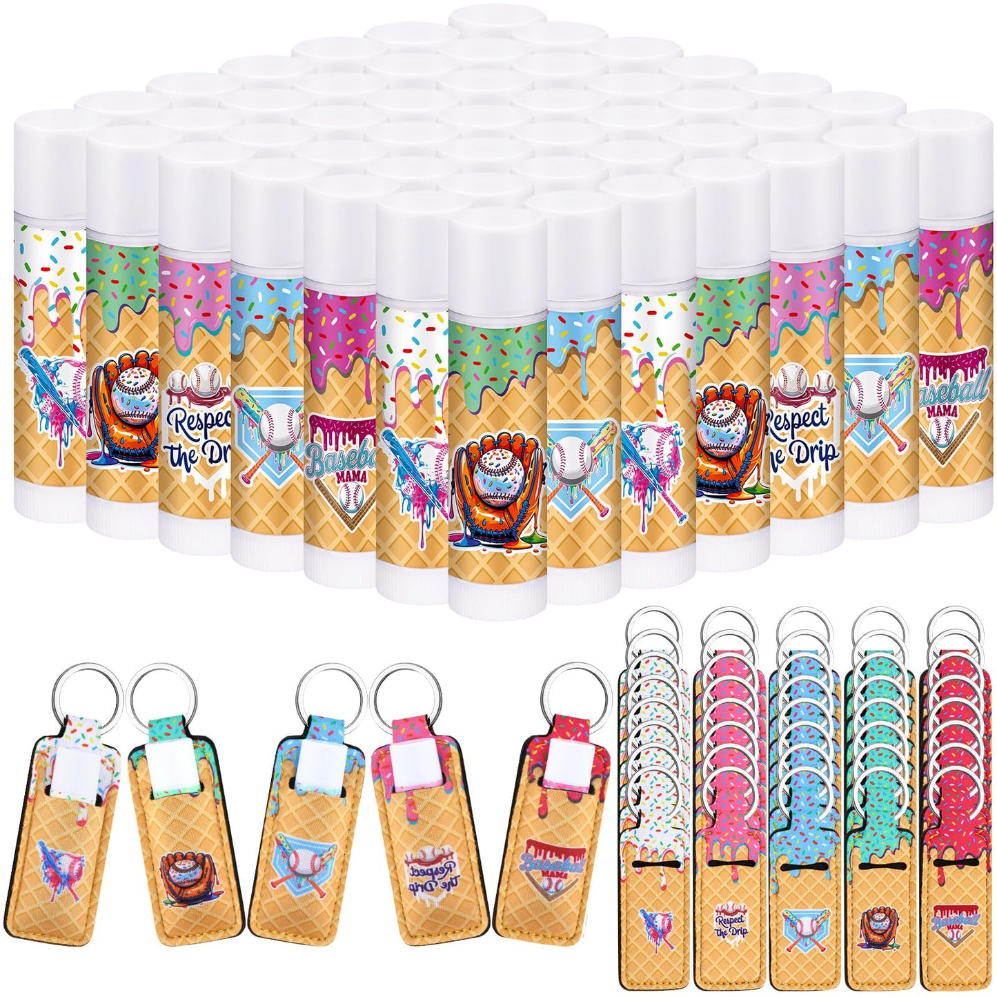 Siifert 50pcs/25 Baseball Drip Party Favors Gifts Bulk, Ice Cream Drip Baseball Lip Balm and Holder Keychain Ice Cream Softball Team Gifts Goodie Bags for Sports End of Season Team Teen Adult