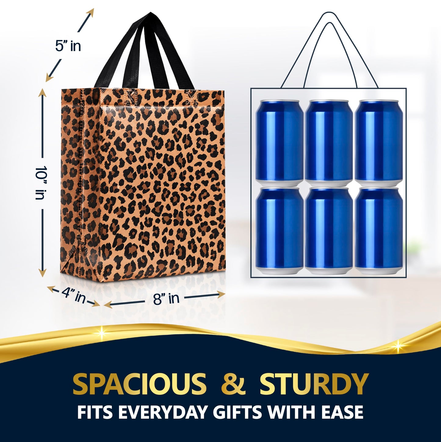 Nush Nush Leopard Gift Bags Medium Size– Set of 12 Cheetah Gift Bags With Handles - Reusable Goodie Bag for Animal Print Party, Safari Party Favors, Jungle Theme Birthday - 8x4x10 Size