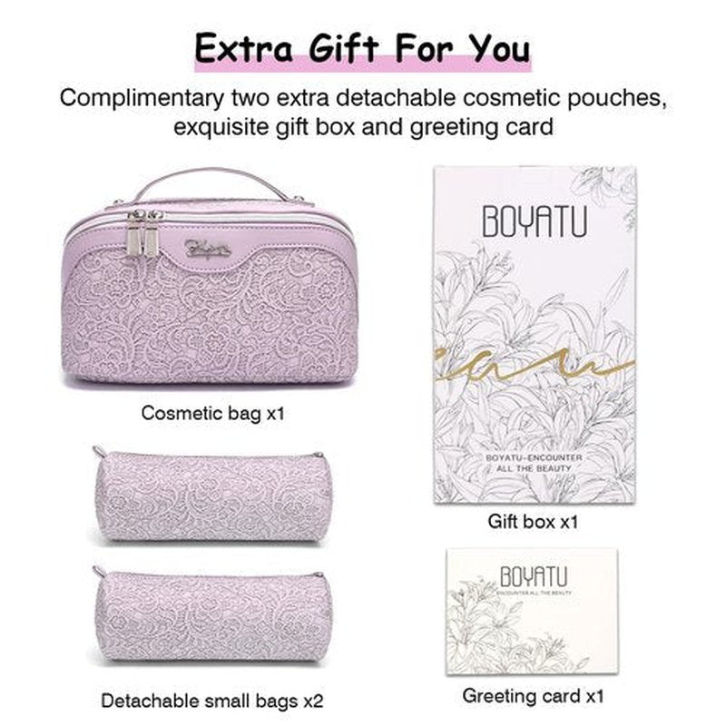 Travel Makeup Bags Cosmetic Organizer Bag: 3-Set Large Capacity Make up Bag - PU Leather Toiletry Bag for Women - Wide Open Portable Pouch with Divider & Handle (02-Z-Violet)