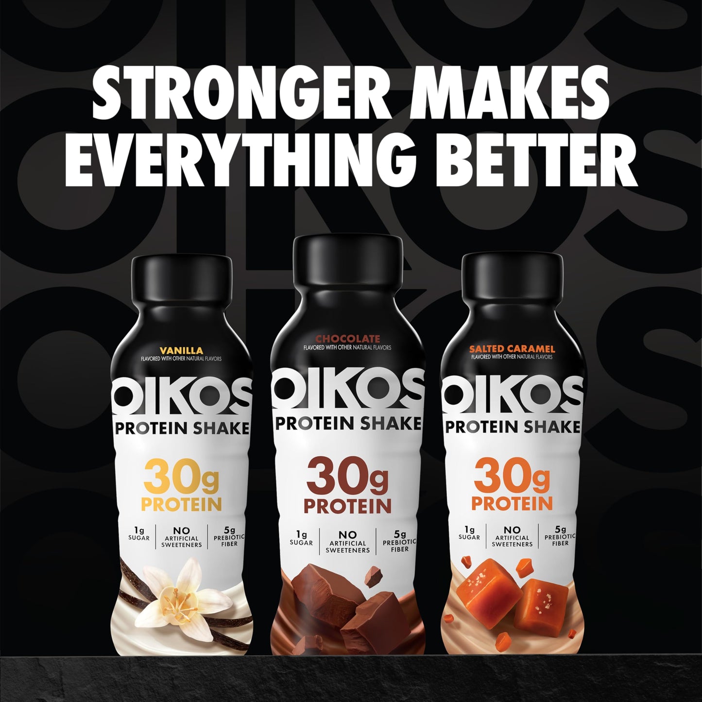 Oikos Protein Shake, Salted Caramel, 30g High Protein Drinks, Shelf Stable, Ready to Drink, 5g Prebiotic Fiber, 12 fl oz Bottle