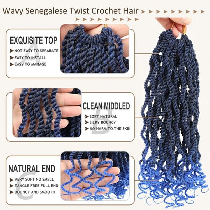 Kachanaa 8 Inch Wavy Senegalese Twist Crochet Hair With Curly Ends 8 Packs Synthetic Short Pre-Looped Kids Twisted Crochet Hair Havana Twist Braiding Hair Extension for Women Tblue#