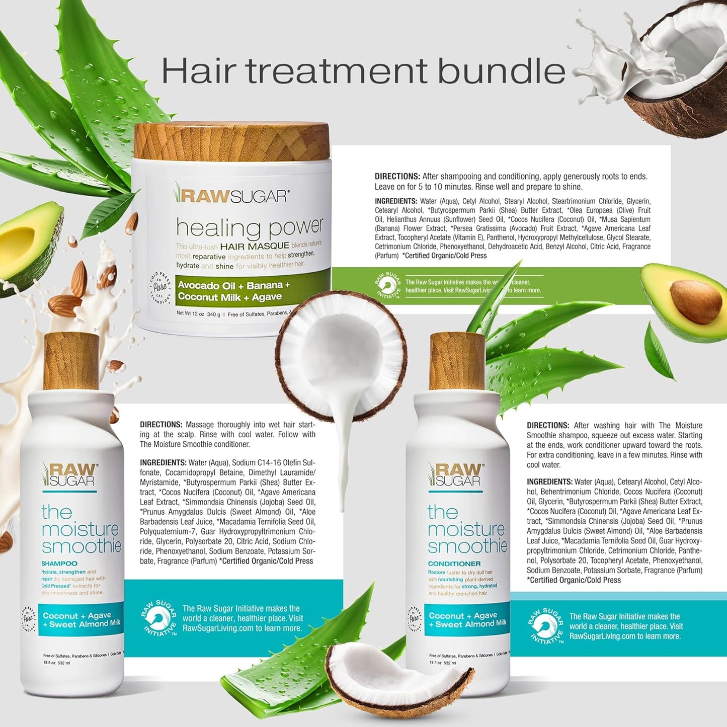 Raw Sugar Moisture Smoothie Shampoo and Conditioner Set, Moisturize & Nourish Dry Hair, Bulk Shampoo and Conditioner with Coconut Oil, Agave & Sweet Almond Oil, Formulated without Sulfates & Parabens