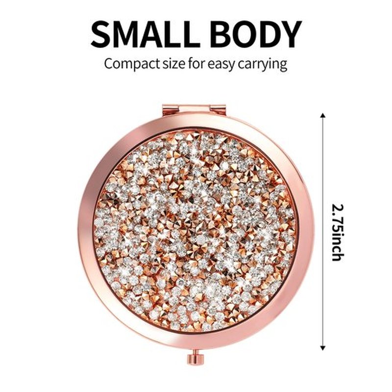 Dynippy Compact Mirror Rose Gold Makeup Mirror Folding Mini Pocket Mirror Portable Hand Mirror Double-Sided 2 x 1x Magnification for Woman Girls (Bling Rose Gold)