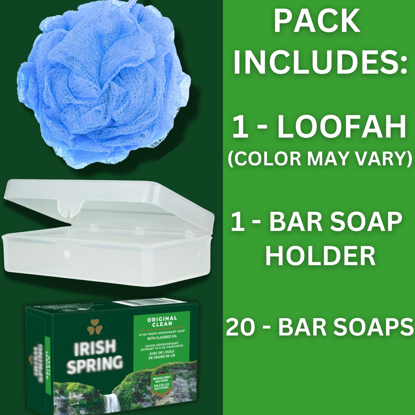 Irish Spring Bar Soap (20 PACK) Original Clean - Includes Bar Soap Holder & Loofah - Large 4 OZ Soap Bars, Original Clean Body Soap, Mens Bar Soap w/Soap Bar Holder & Loofah Sponge