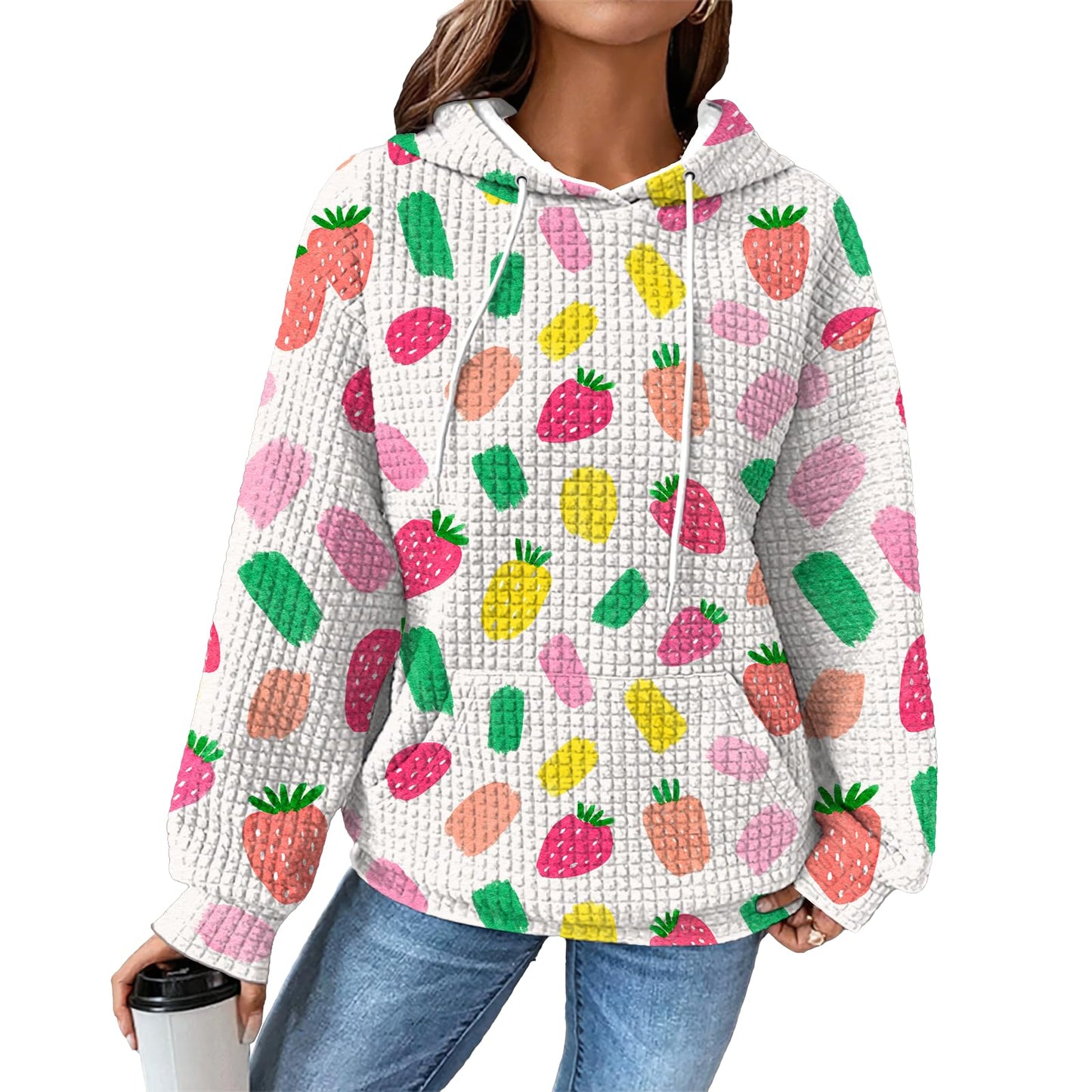 Graphic Hoodies for Women Fashion Strawberry Floral Print Long Sleeve Drawstring Hooded Sweatshirts Loose Casual Waffle Knit Crewneck Pullover Tops with Pocket Comfy Fall Winter Outfits 2025,L