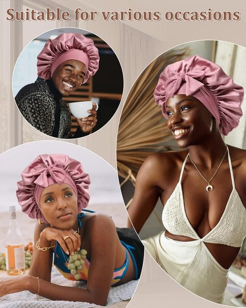 Reversible Satin Bonnet for Sleeping Women Silk Bonnet Double Layer Hair Bonnet with 2PCS Hair Scrunchies Elastic Tie Band Night Cap Hair Wrap for Natural Curly Hair (Bean Paste + Pink)