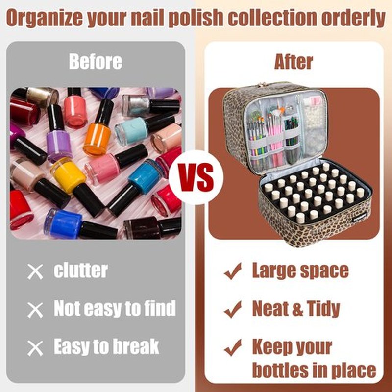 Covkev PU Leather Nail Polish Organizer Bag Holds 30 Bottles (15ml - 0.5 fl.oz) & Nail Lamp, Portable Nail Kit Storage Carrying Case, Double Layer Nail Supplies Organizer Handbag (Leopard)