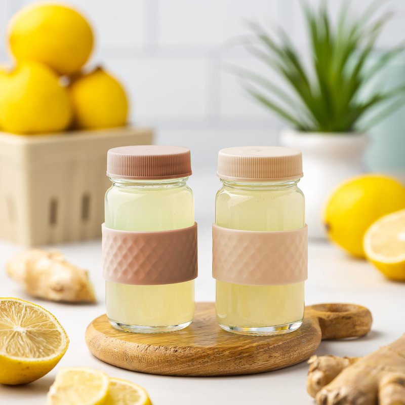 Glass Juice Shot Bottles with Caps, Clear, 2oz, Colored Lids & Silicone Grip Bands, Beverage Storage, Juicing, Turmeric & Ginger Shot Bottles