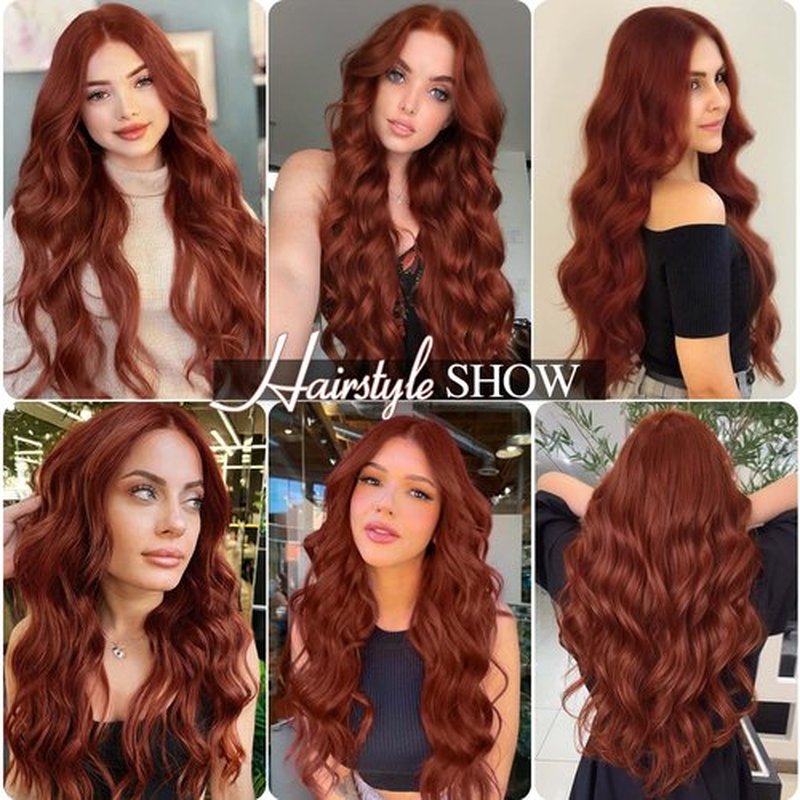 Fancy Hair Auburn Wavy Wigs 28 Inch Long Ginger Middle Part Curly Wavy Wig Small Lace Front Copper Red Synthetic Long Wig for Women Girl Cosplay Daily Party Use