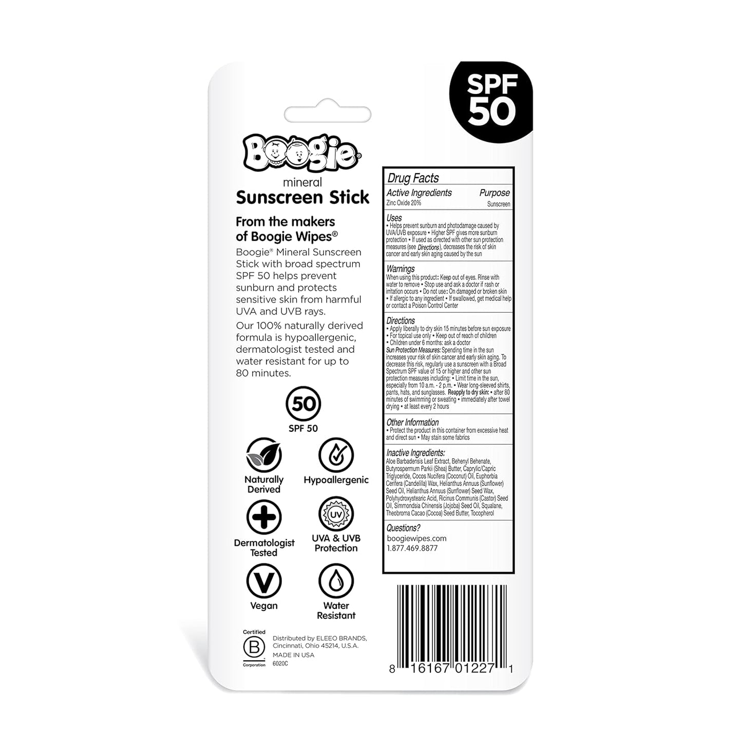 Boogie Block Baby Sunscreen Stick SPF 50 - Mineral Zinc Oxide, Travel Size, Water Resistant, Vegan, Fragrance Free (Pack of 3)